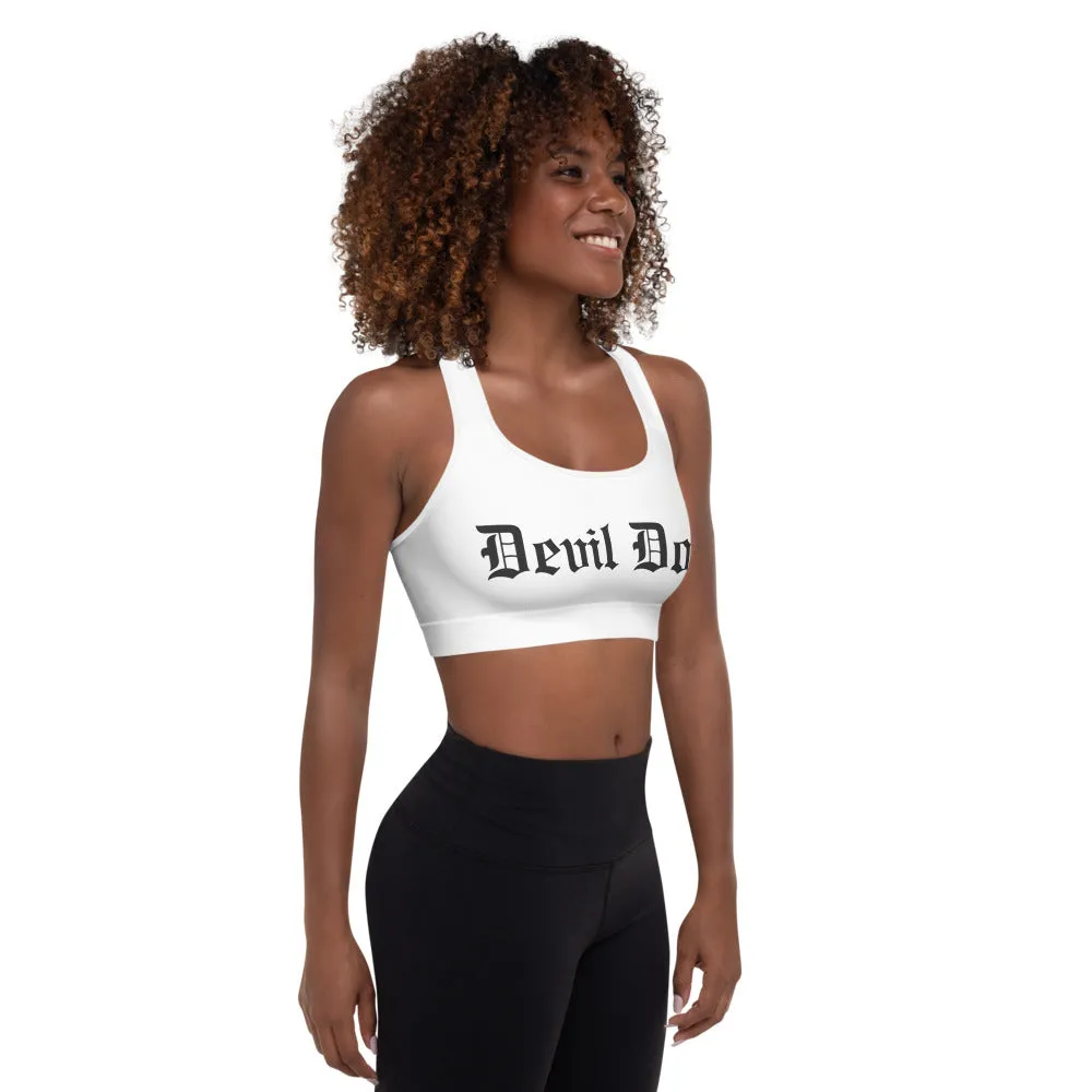 Padded Sports Bra - white w/ Old English (2 sided) 2 styles