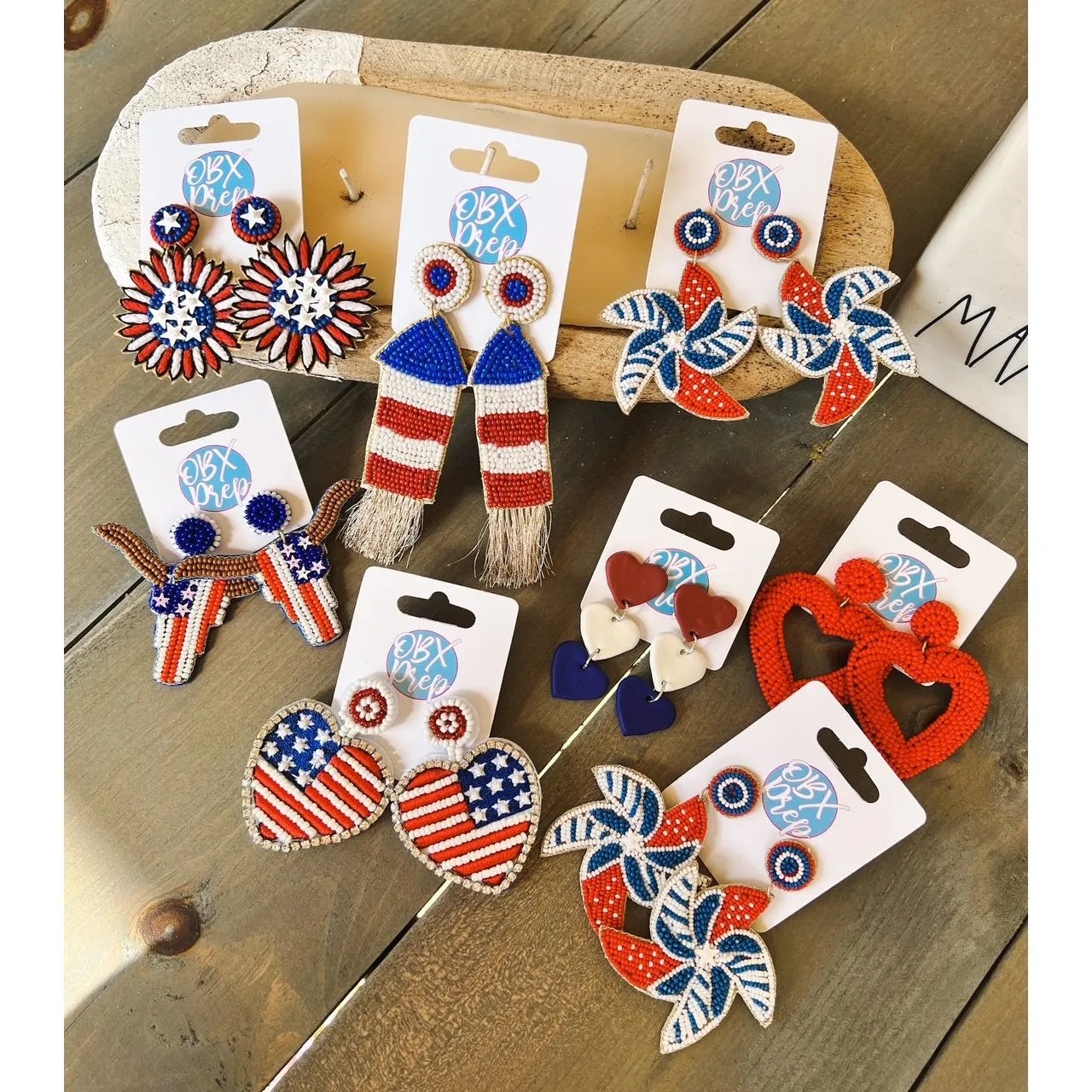 Patriotic Red White Blue Bull skull Seed Bead Dangle Earrings.