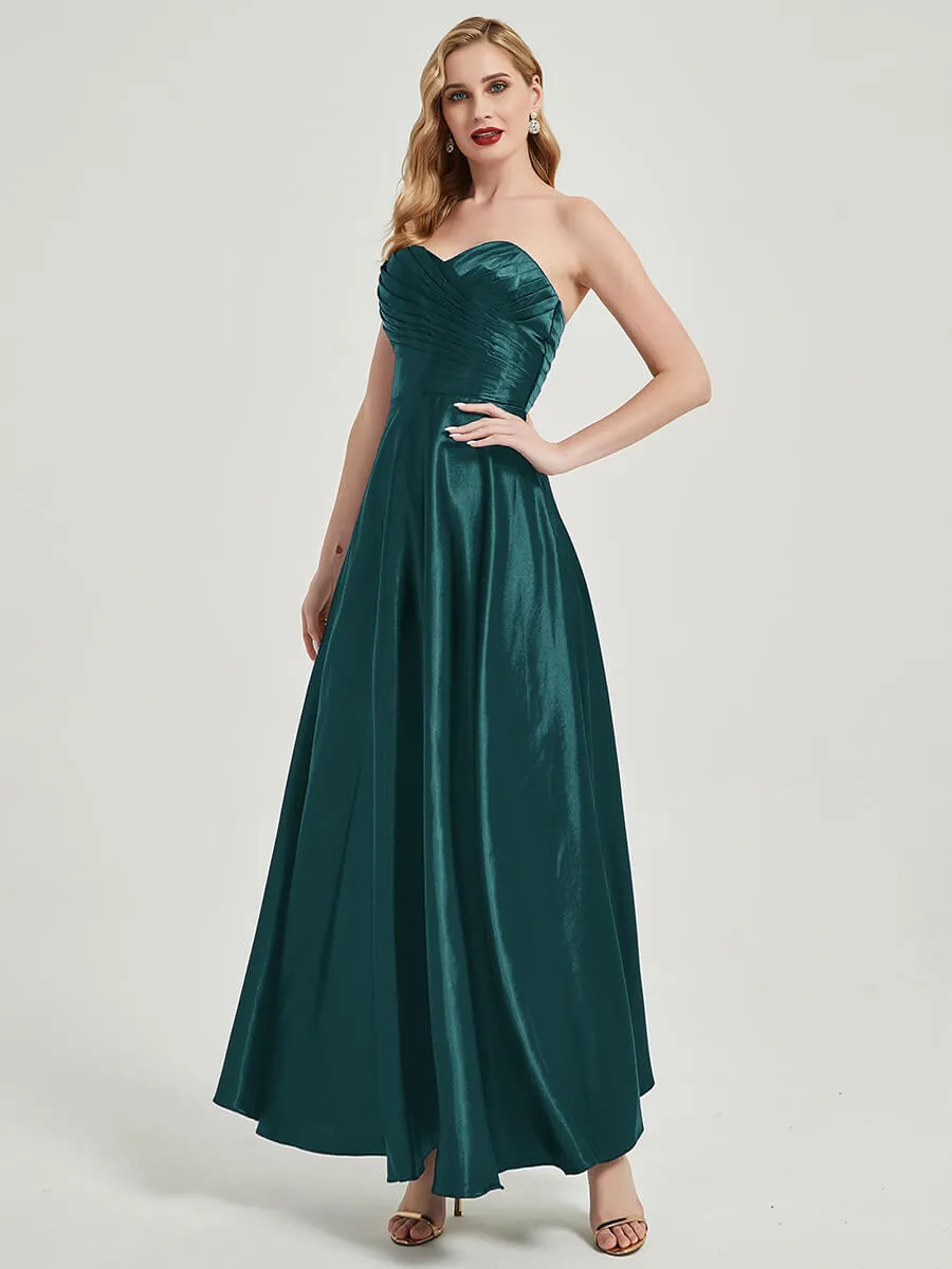 Peacock Satin Sweetheart Strapless Floor Length Pleated Bridesmaid Dress