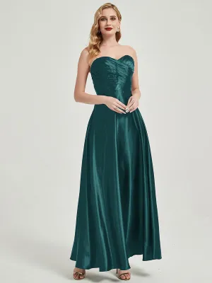 Peacock Satin Sweetheart Strapless Floor Length Pleated Bridesmaid Dress