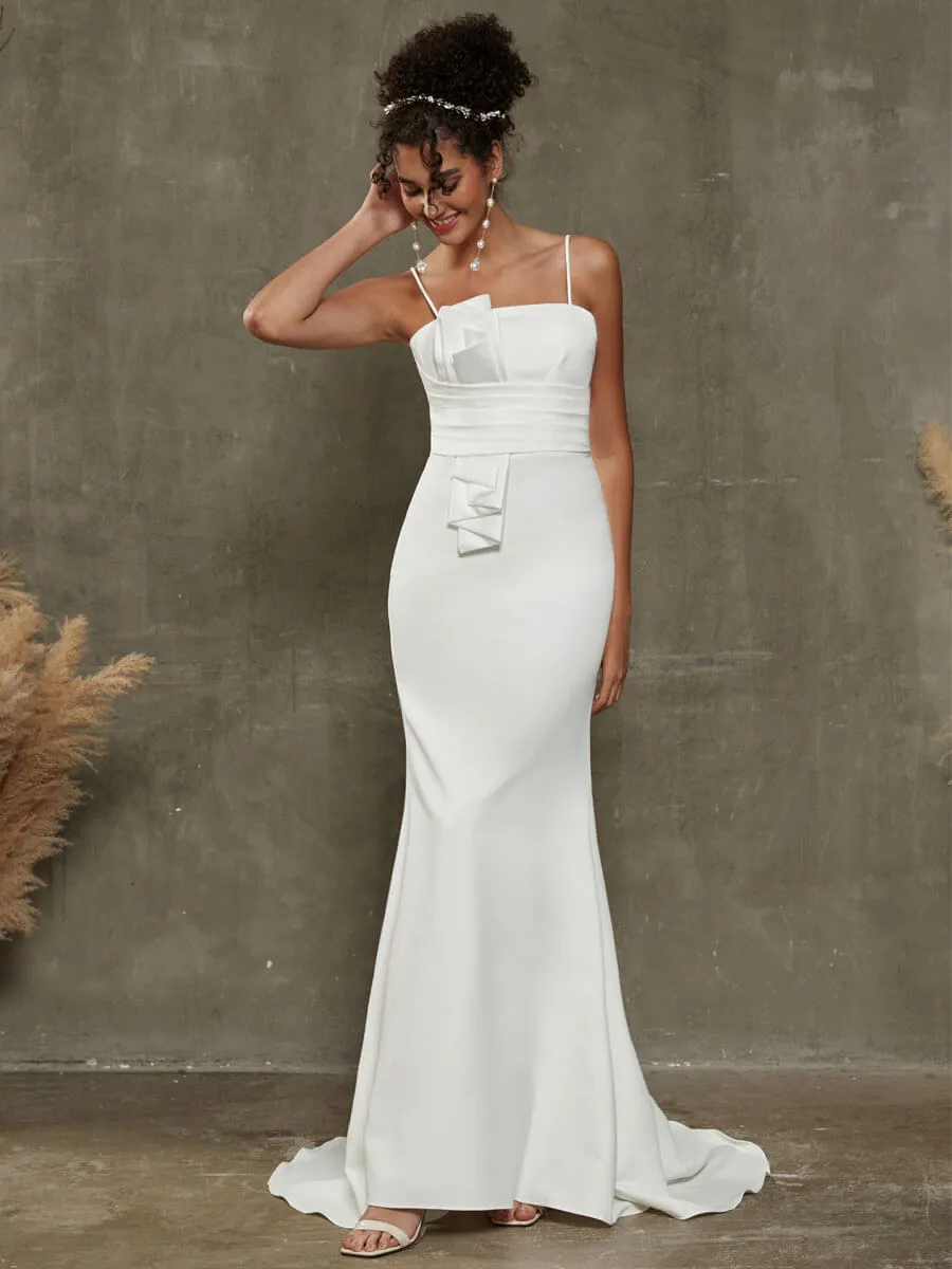 Pleated Spaghetti Straps Double FDY Mermaid Wedding Dress With Train