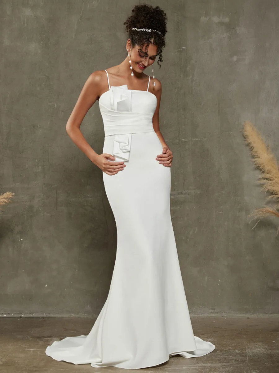 Pleated Spaghetti Straps Double FDY Mermaid Wedding Dress With Train
