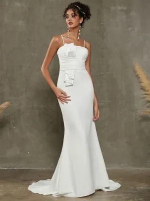 Pleated Spaghetti Straps Double FDY Mermaid Wedding Dress With Train