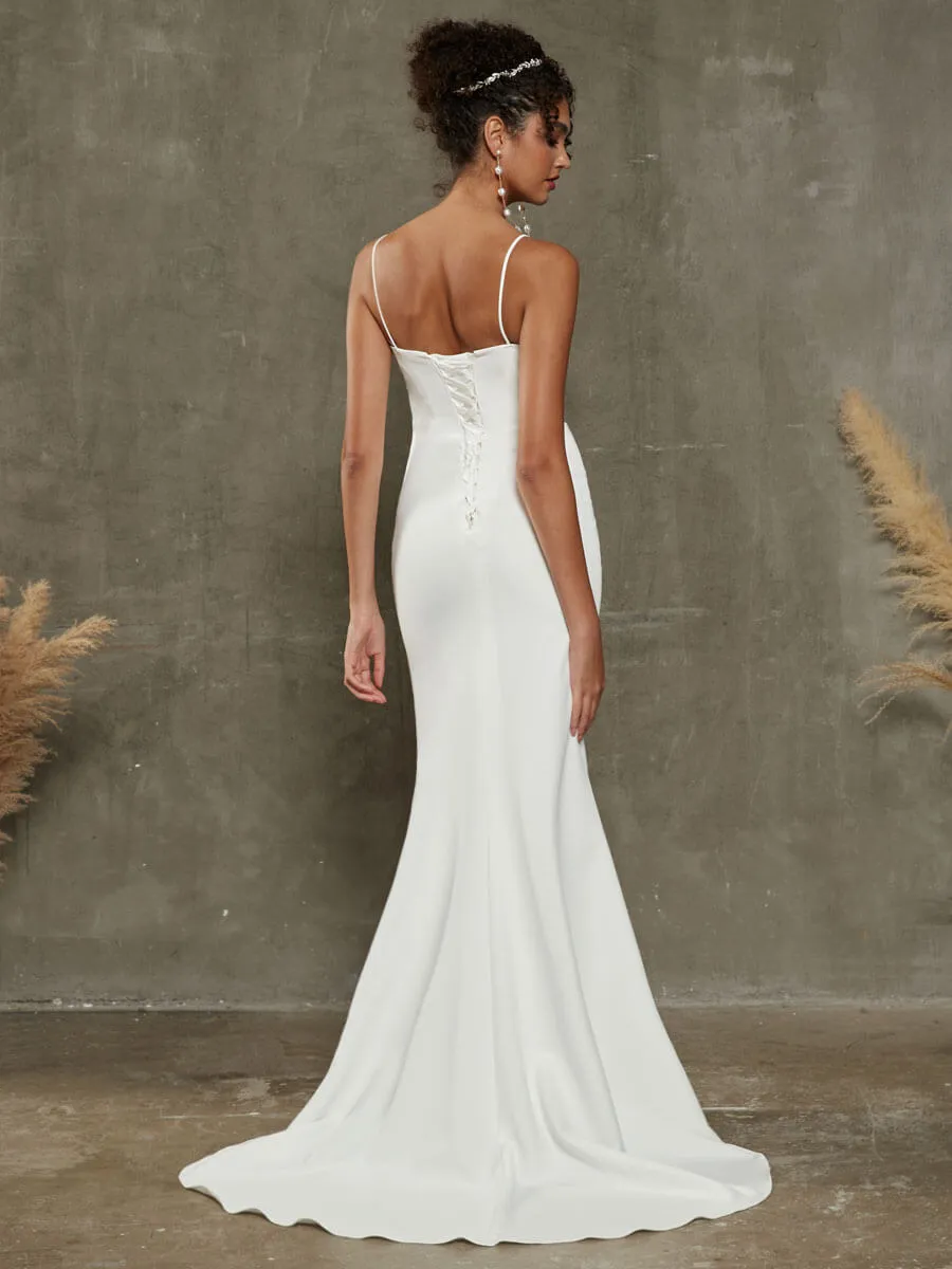 Pleated Spaghetti Straps Double FDY Mermaid Wedding Dress With Train