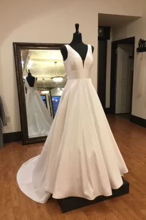 Plunging A-line Satin Wedding Gown with Small Train