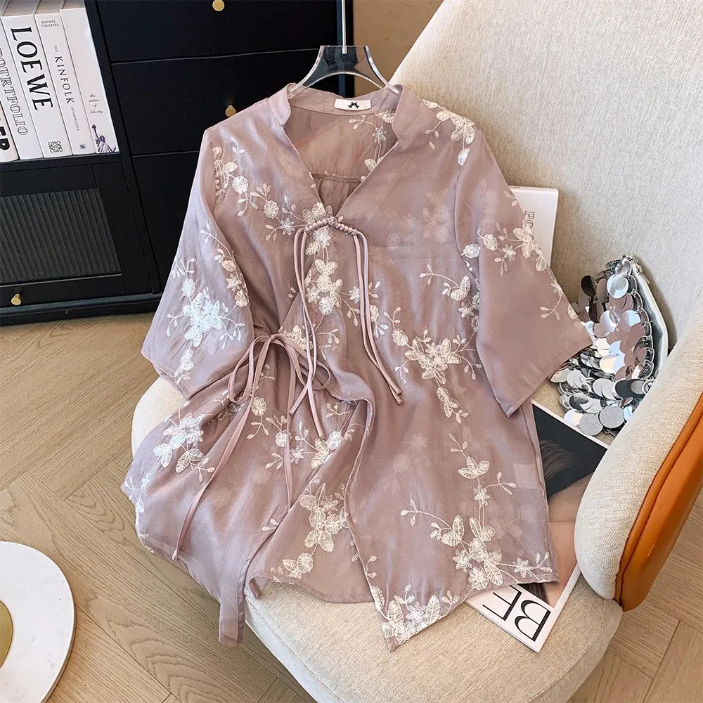 Plus Size Casual Chiffon Loose Chinese Style Blouse