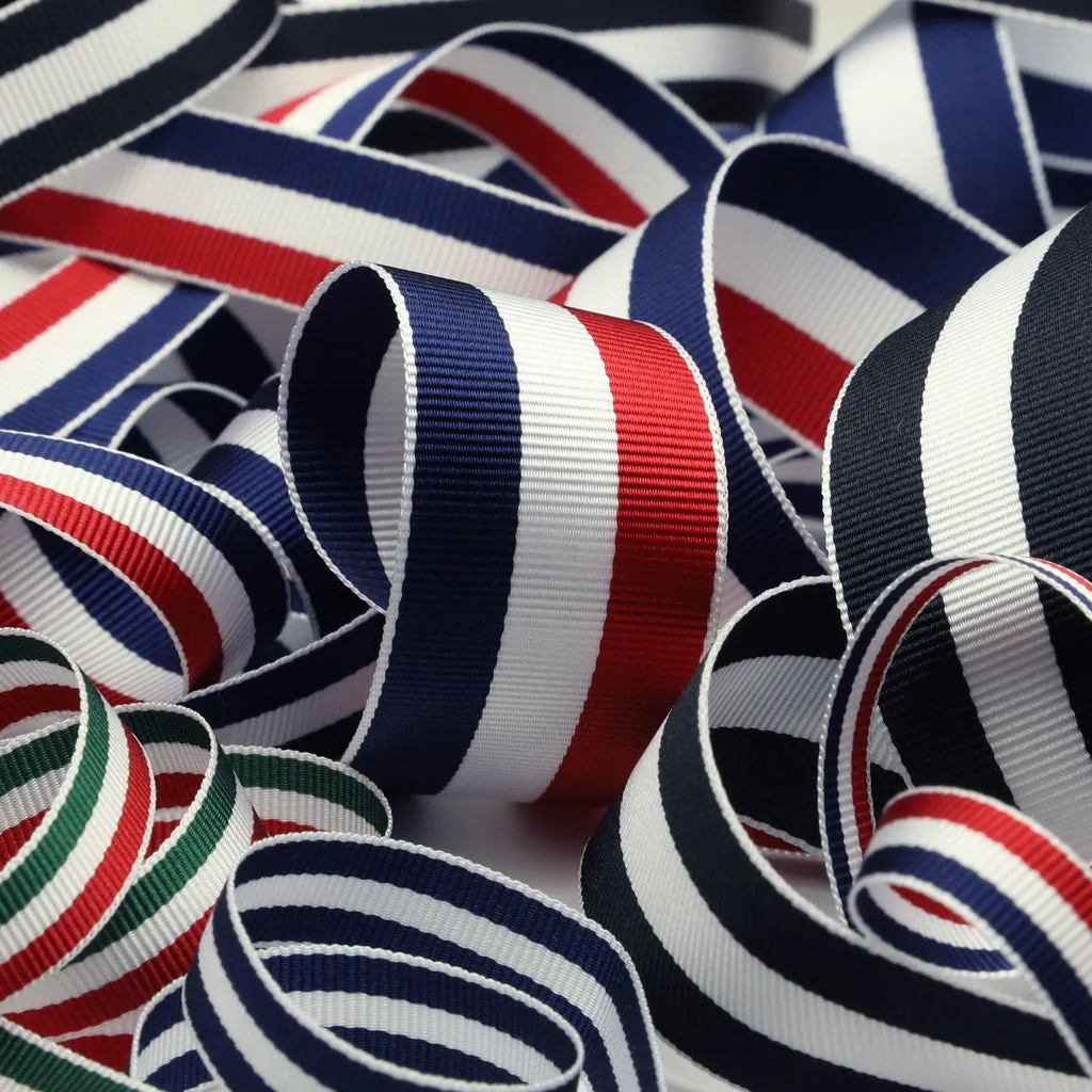 Polyester Stripe Grosgrain Ribbon #04 Rose Red & White & Green
