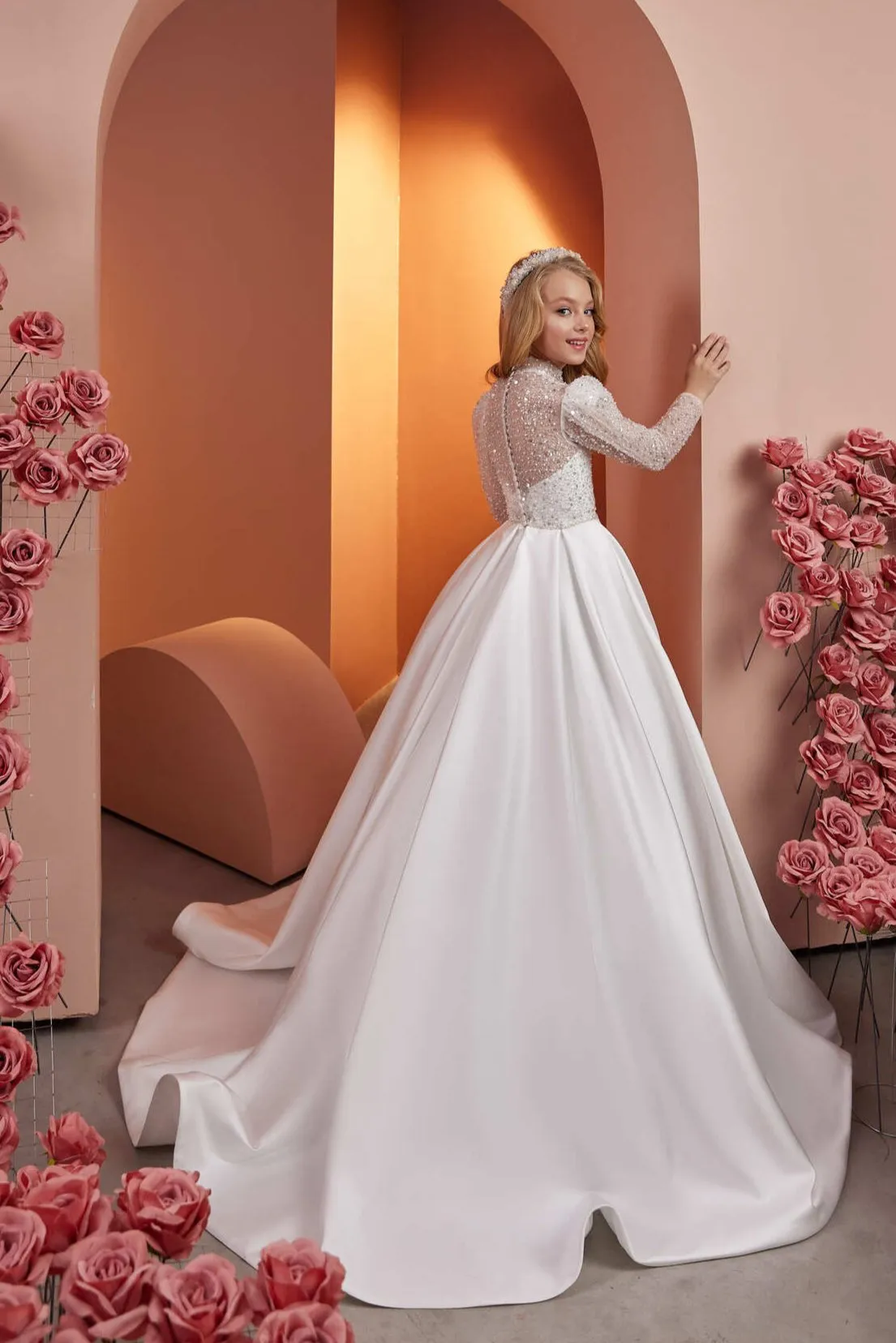Princess-Style Beaded Satin Gown