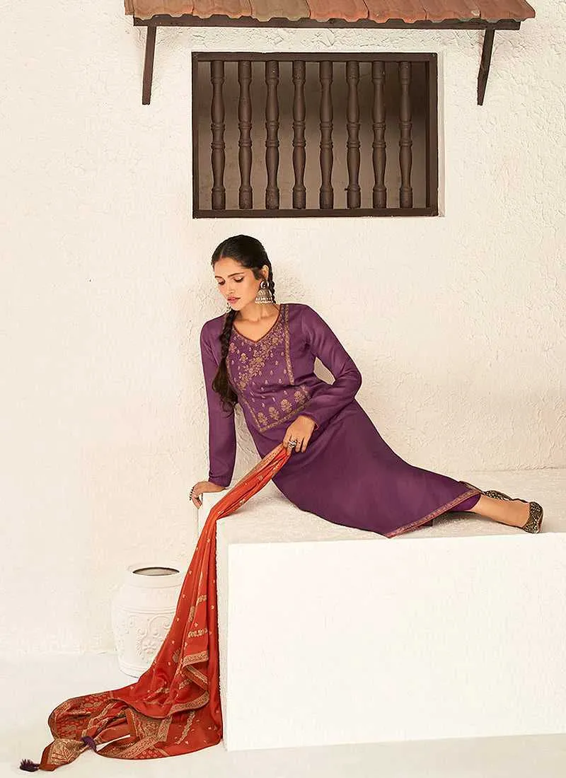 Purple and Orange Splendid Embroidered Pant Style Suit