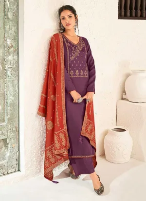 Purple and Orange Splendid Embroidered Pant Style Suit
