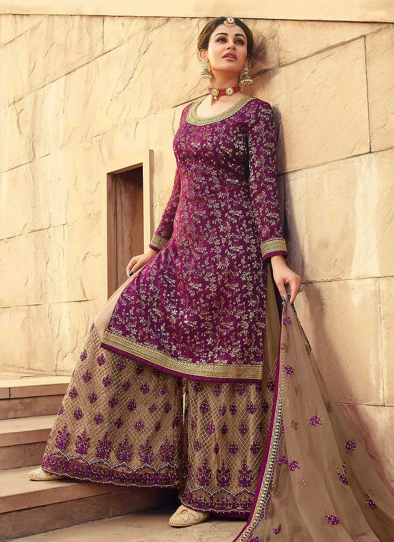 Purple Heavy Embroidered Designer Palazzo Style Suit