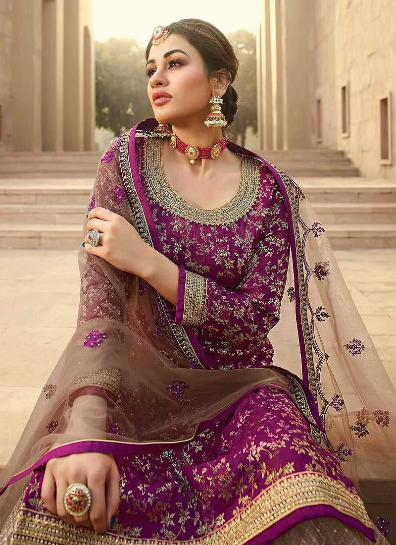 Purple Heavy Embroidered Designer Palazzo Style Suit