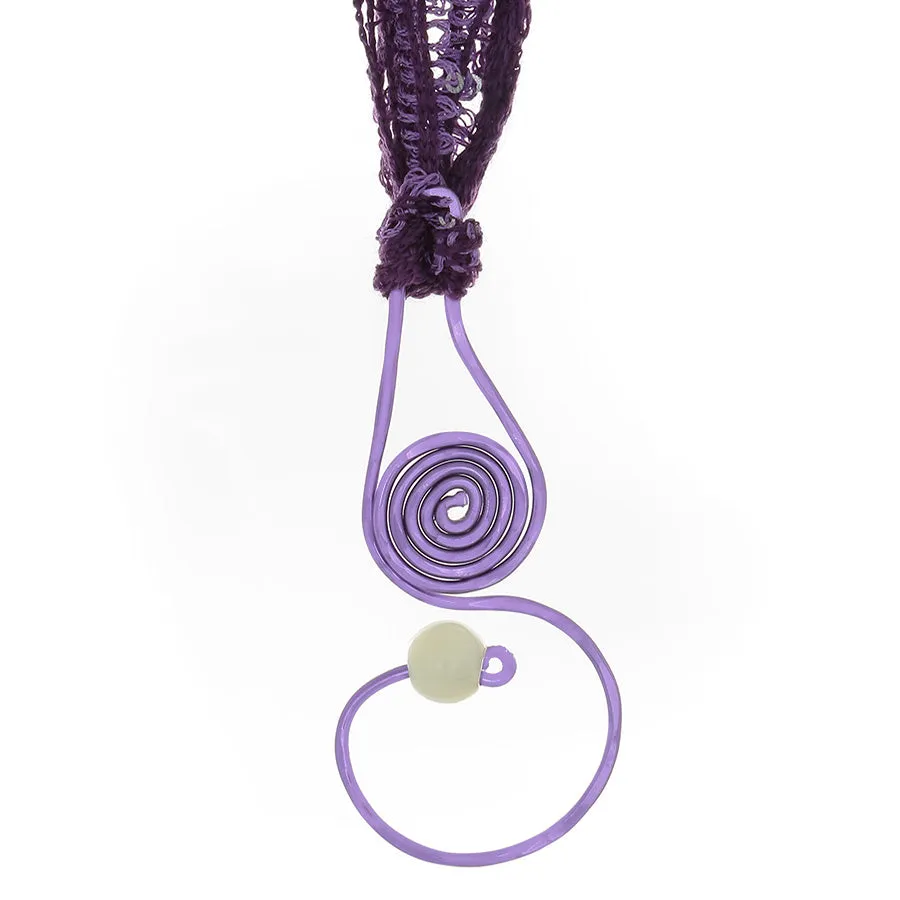 Purple Spiral Drop Pendant Necklace with Prehenite Bead & Yarn/Ribbon Cord