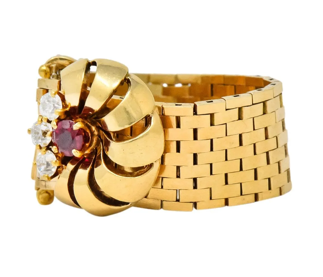 Retro 0.40 CTW Diamond Ruby 14 Karat Gold Buckle Ring