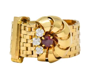 Retro 0.40 CTW Diamond Ruby 14 Karat Gold Buckle Ring