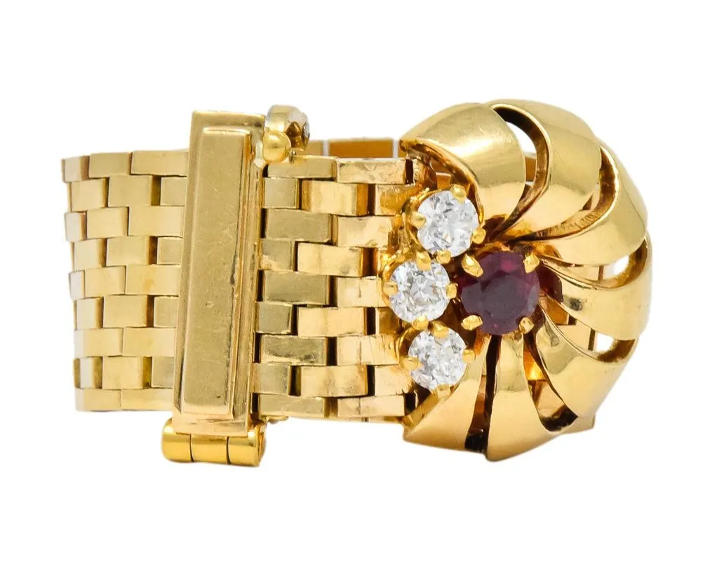 Retro 0.40 CTW Diamond Ruby 14 Karat Gold Buckle Ring