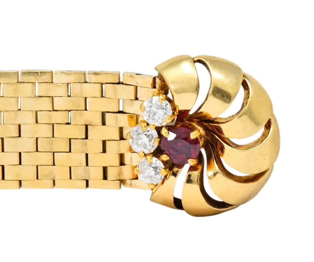 Retro 0.40 CTW Diamond Ruby 14 Karat Gold Buckle Ring