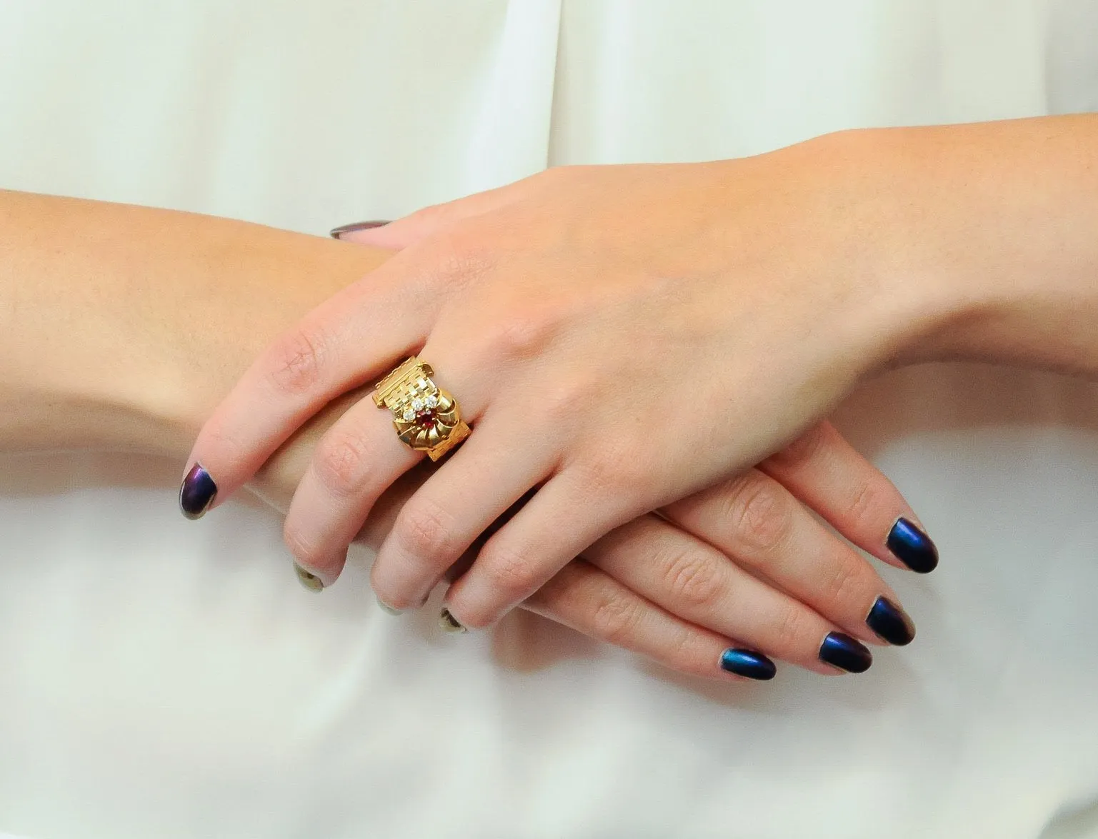 Retro 0.40 CTW Diamond Ruby 14 Karat Gold Buckle Ring