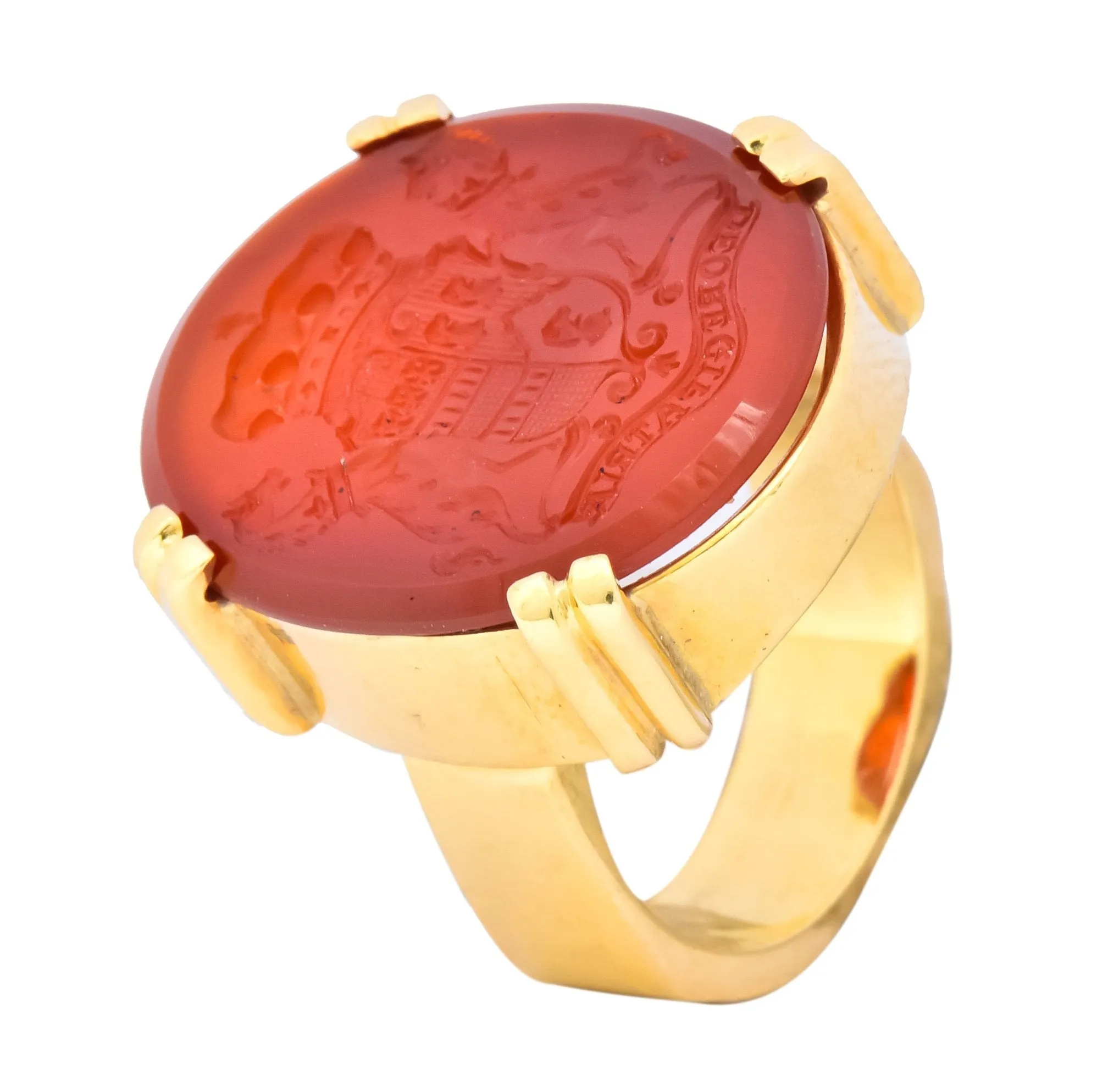 Retro Carnelian Intaglio 18 Karat Gold Deo Regi Patria Unisex Ring
