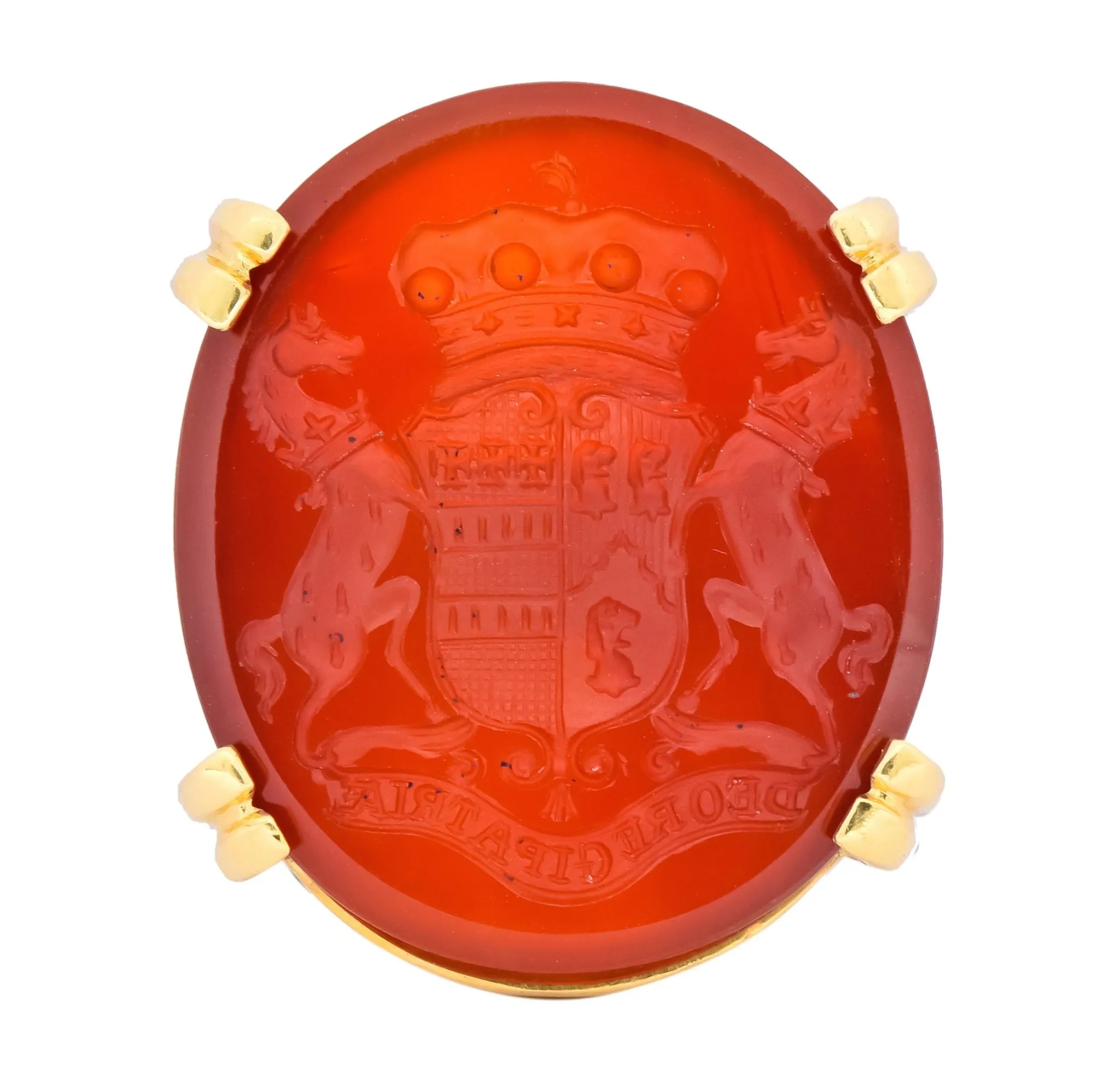 Retro Carnelian Intaglio 18 Karat Gold Deo Regi Patria Unisex Ring