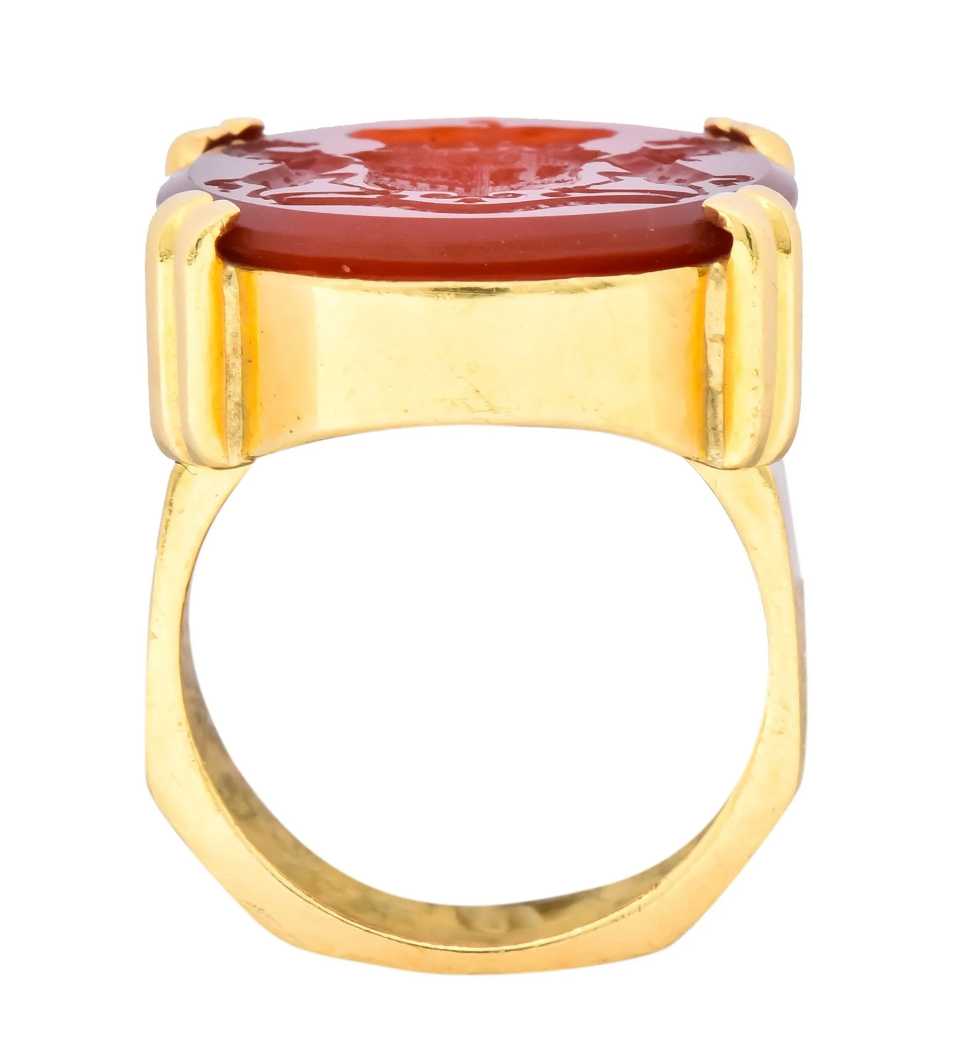 Retro Carnelian Intaglio 18 Karat Gold Deo Regi Patria Unisex Ring