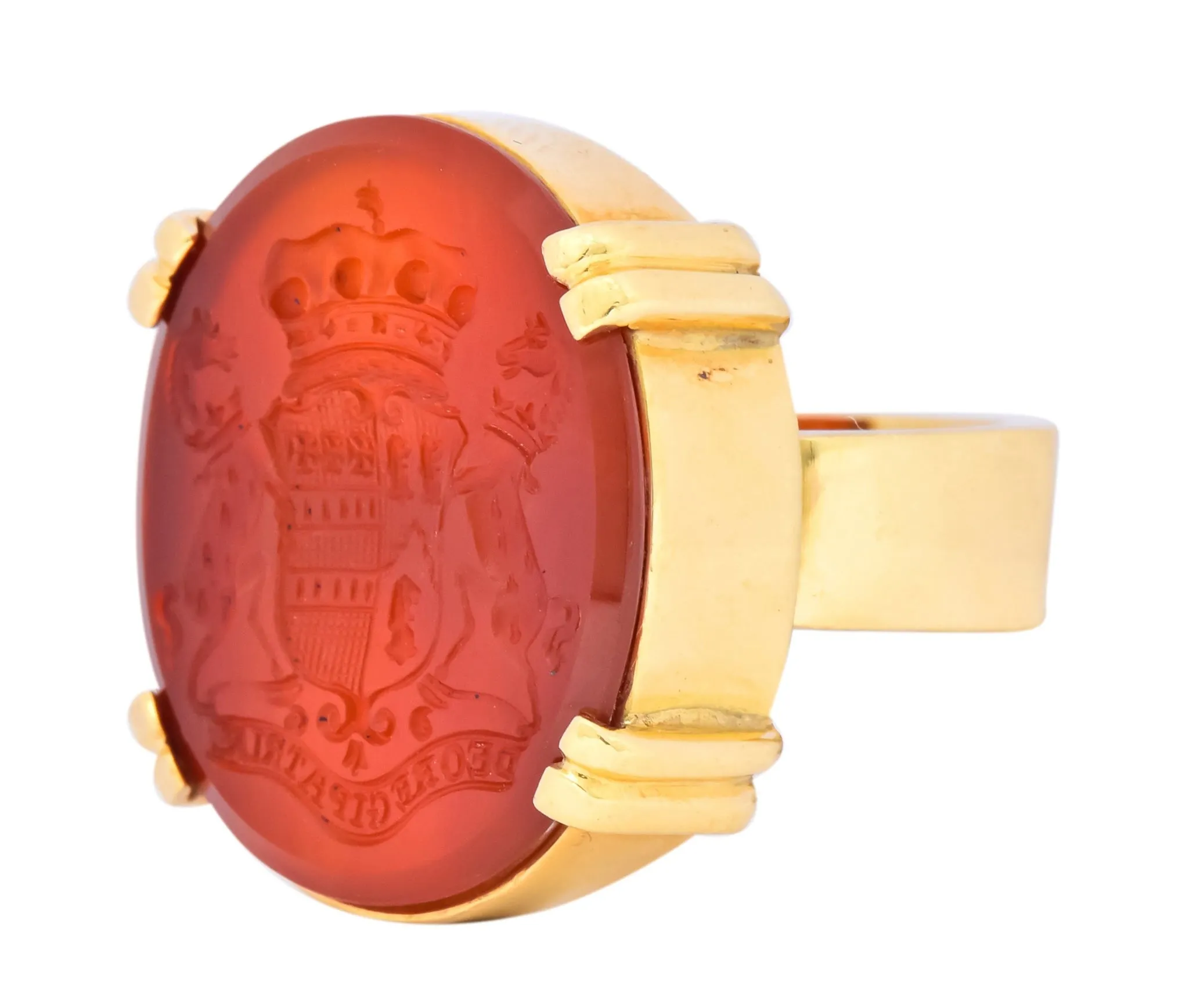 Retro Carnelian Intaglio 18 Karat Gold Deo Regi Patria Unisex Ring
