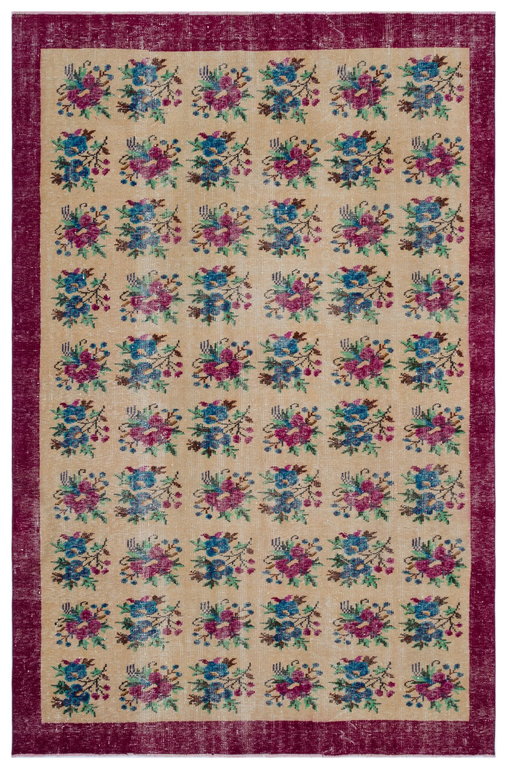 Retro Design Floral Over Dyed Vintage Rug 6'2'' x 9'5'' ft 187 x 288 cm