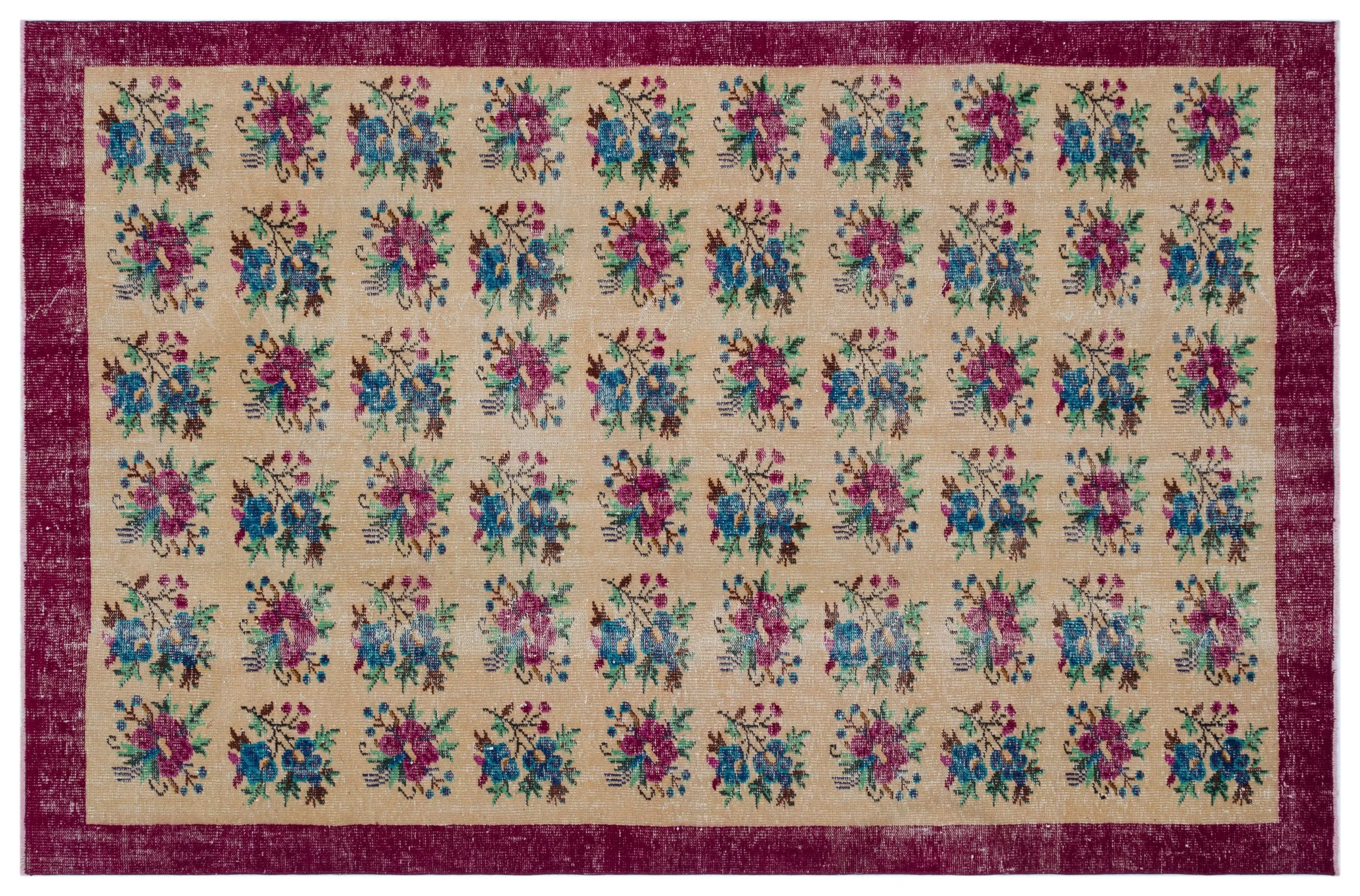 Retro Design Floral Over Dyed Vintage Rug 6'2'' x 9'5'' ft 187 x 288 cm
