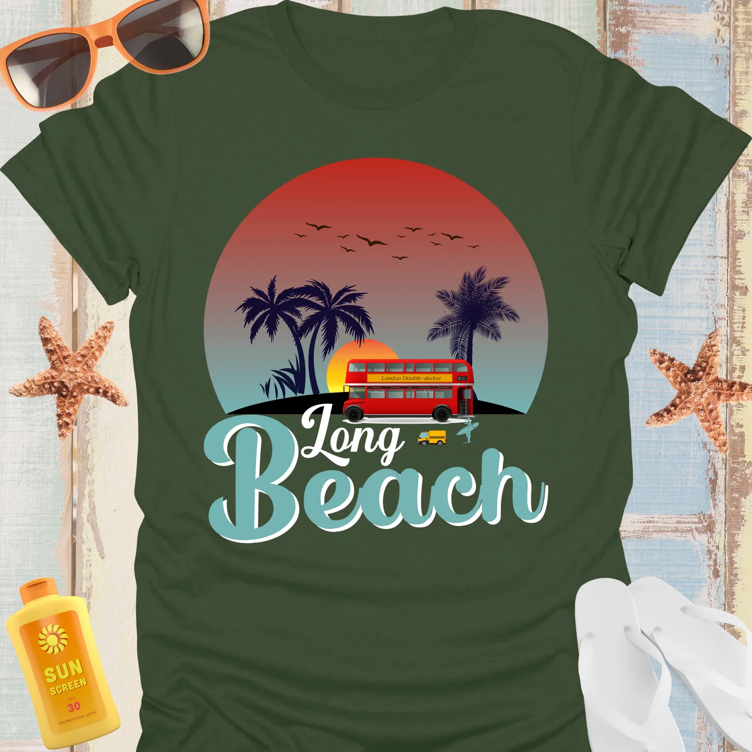 Retro Long Beach Tshirt With Palm Trees And Bus Design