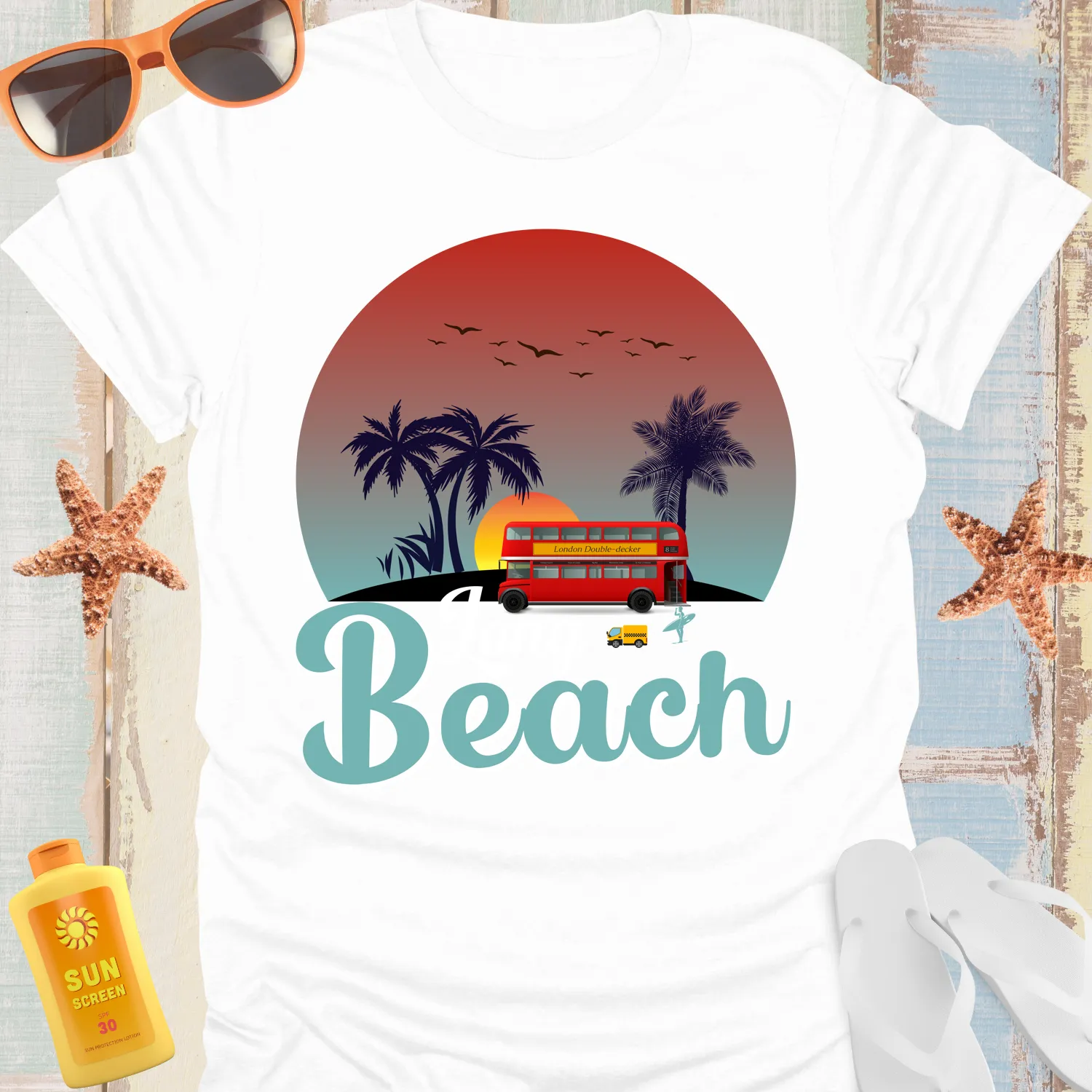 Retro Long Beach Tshirt With Palm Trees And Bus Design