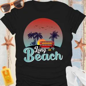 Retro Long Beach Tshirt With Palm Trees And Bus Design