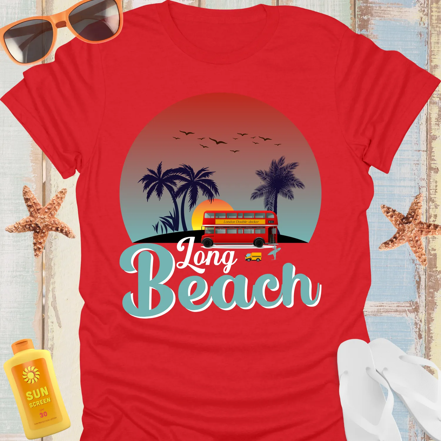Retro Long Beach Tshirt With Palm Trees And Bus Design