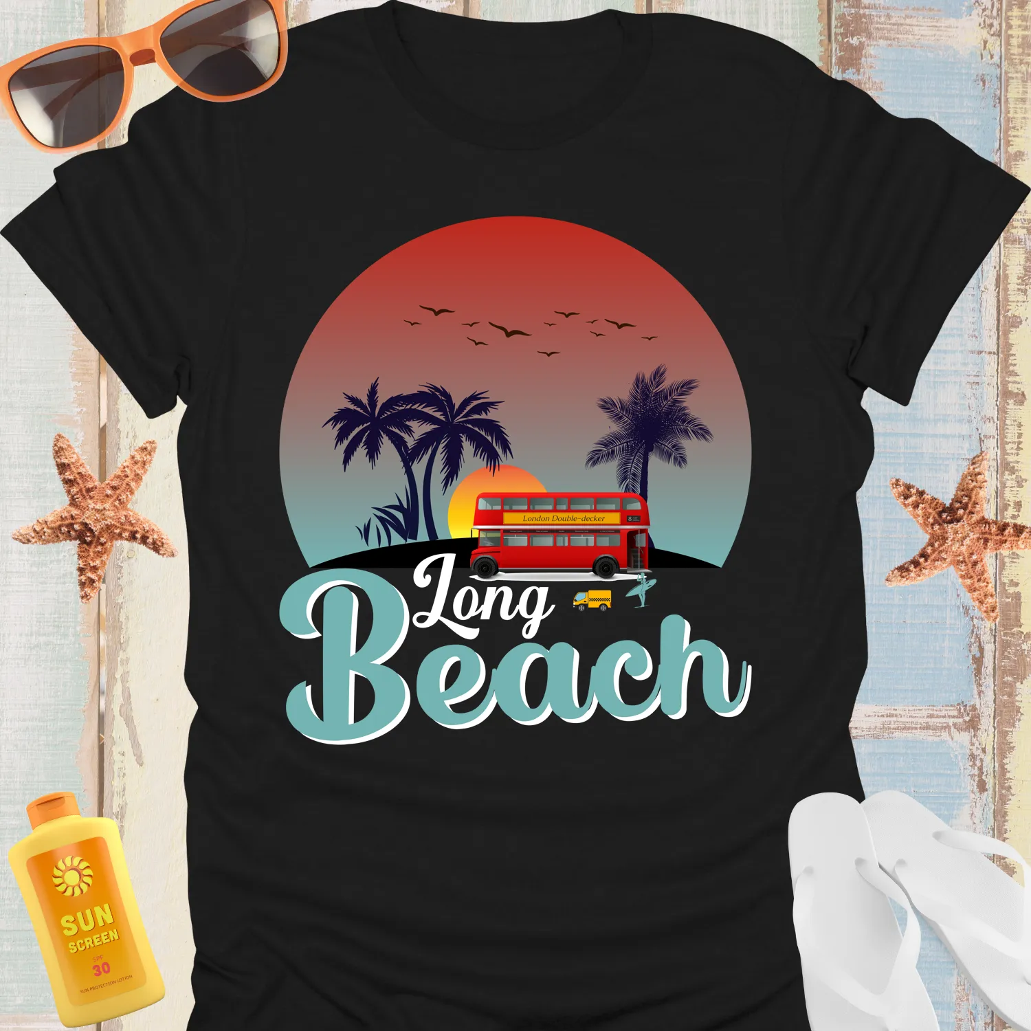 Retro Long Beach Tshirt With Palm Trees And Bus Design