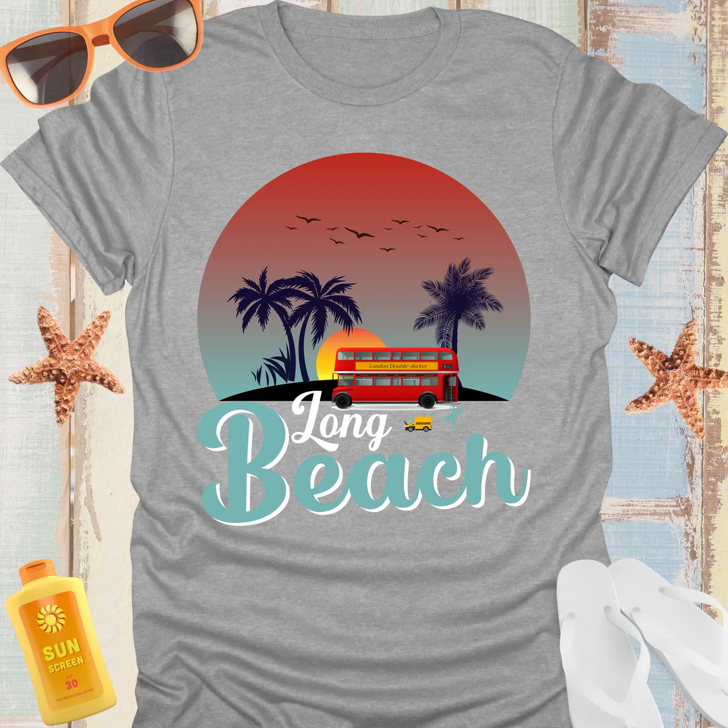 Retro Long Beach Tshirt With Palm Trees And Bus Design