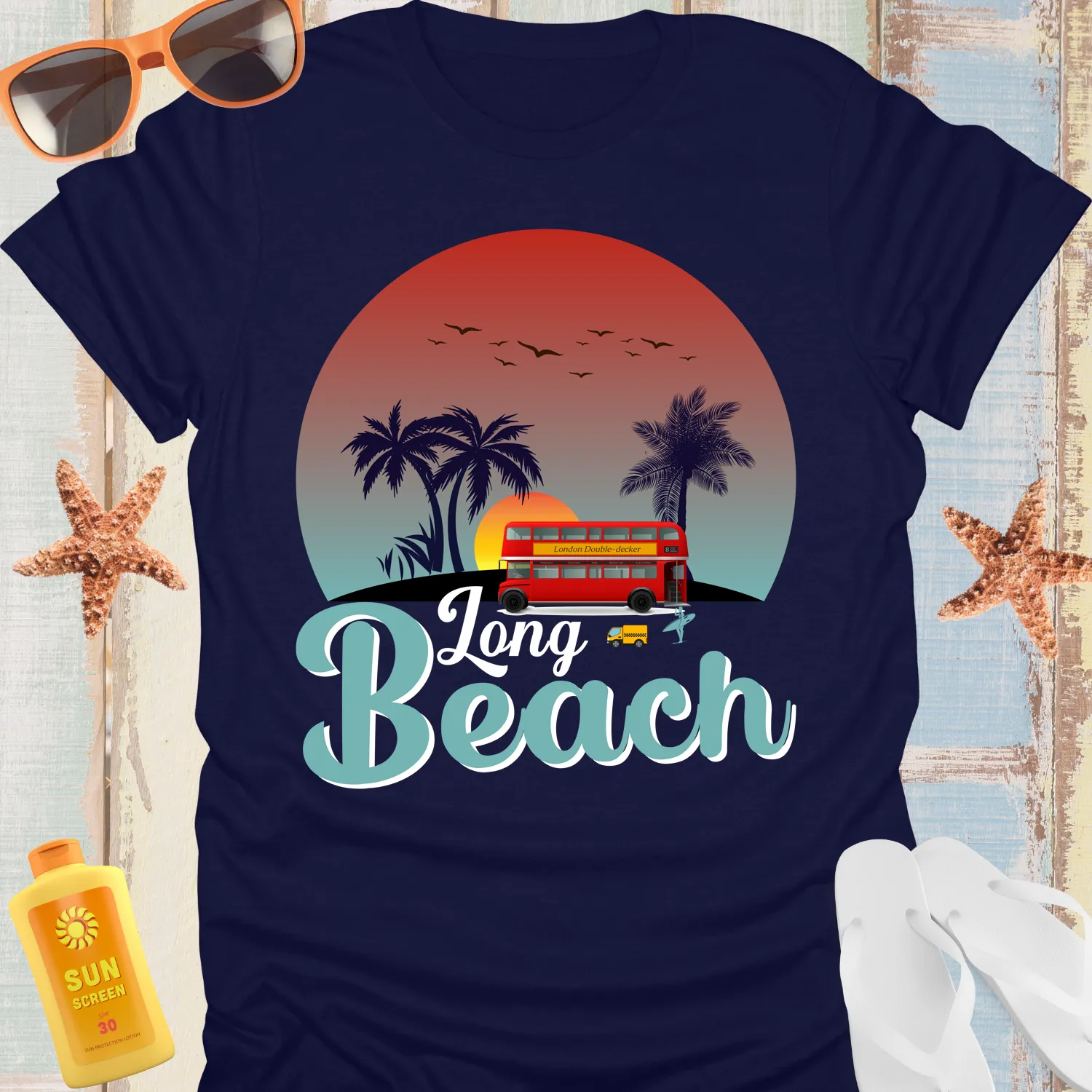 Retro Long Beach Tshirt With Palm Trees And Bus Design