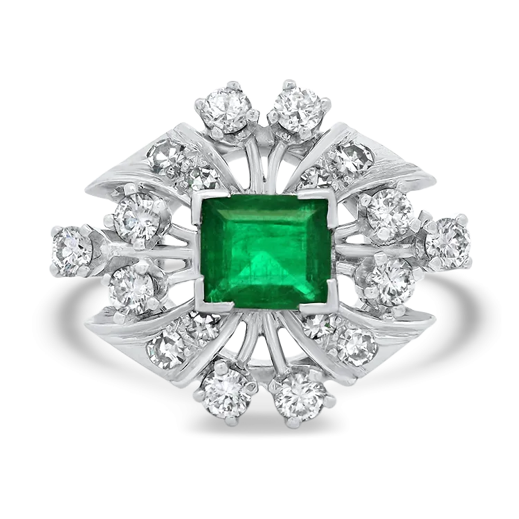 Retro Platinum Emerald and Diamond Ring