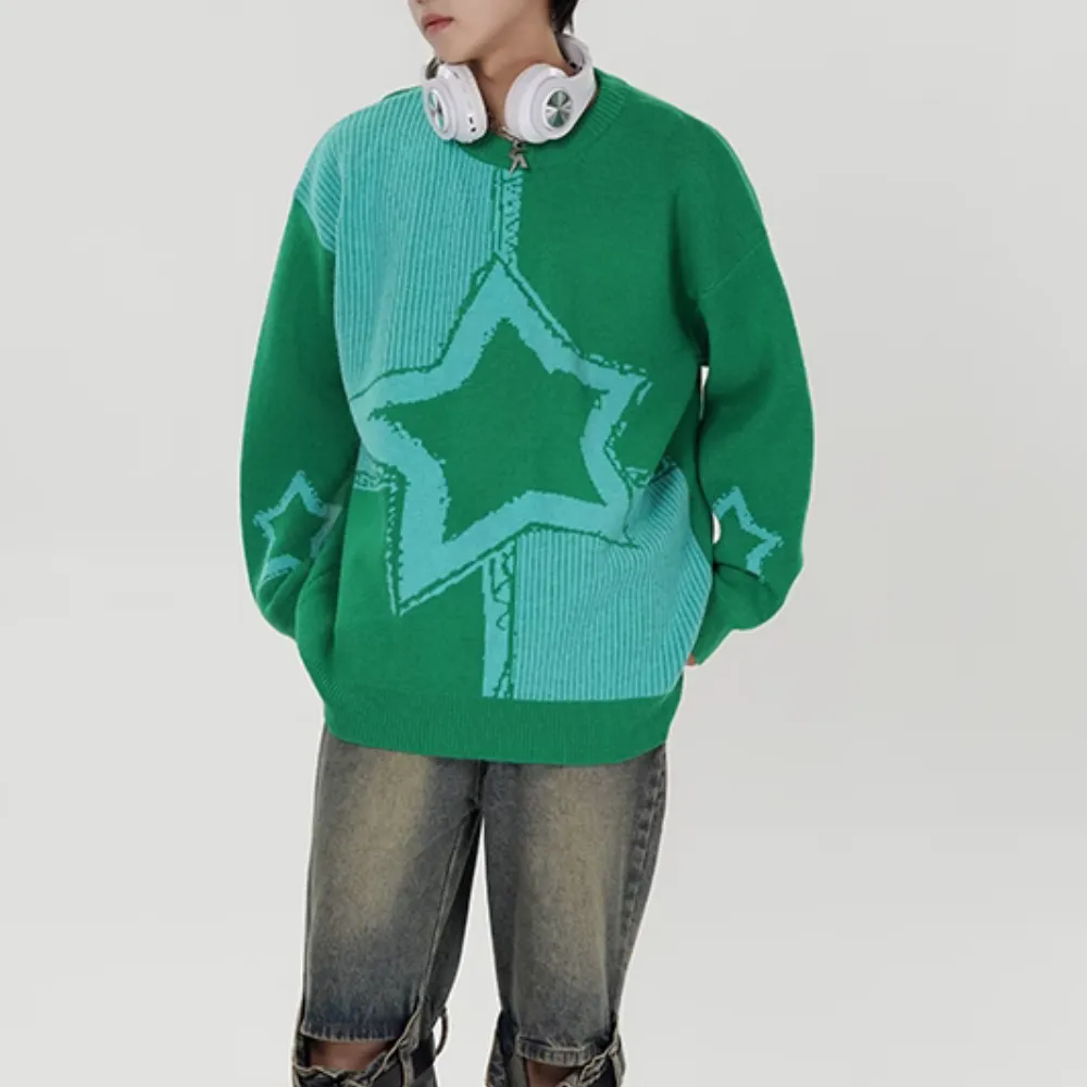 Retro Star Knit Patchwork Sweater