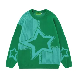 Retro Star Knit Patchwork Sweater