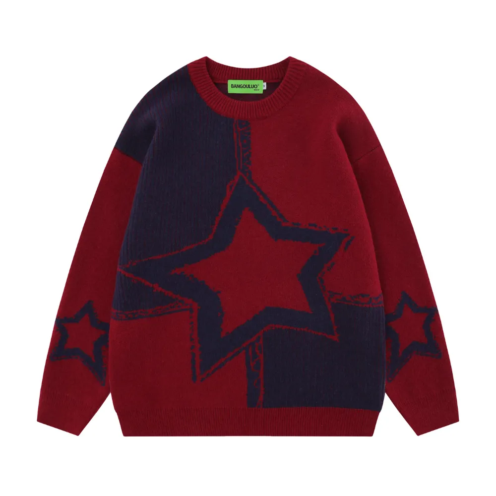 Retro Star Knit Patchwork Sweater