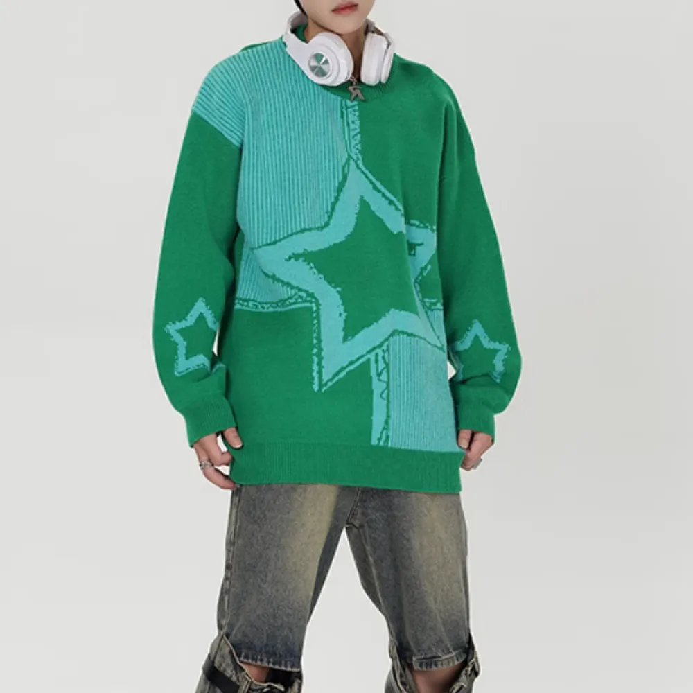 Retro Star Knit Patchwork Sweater