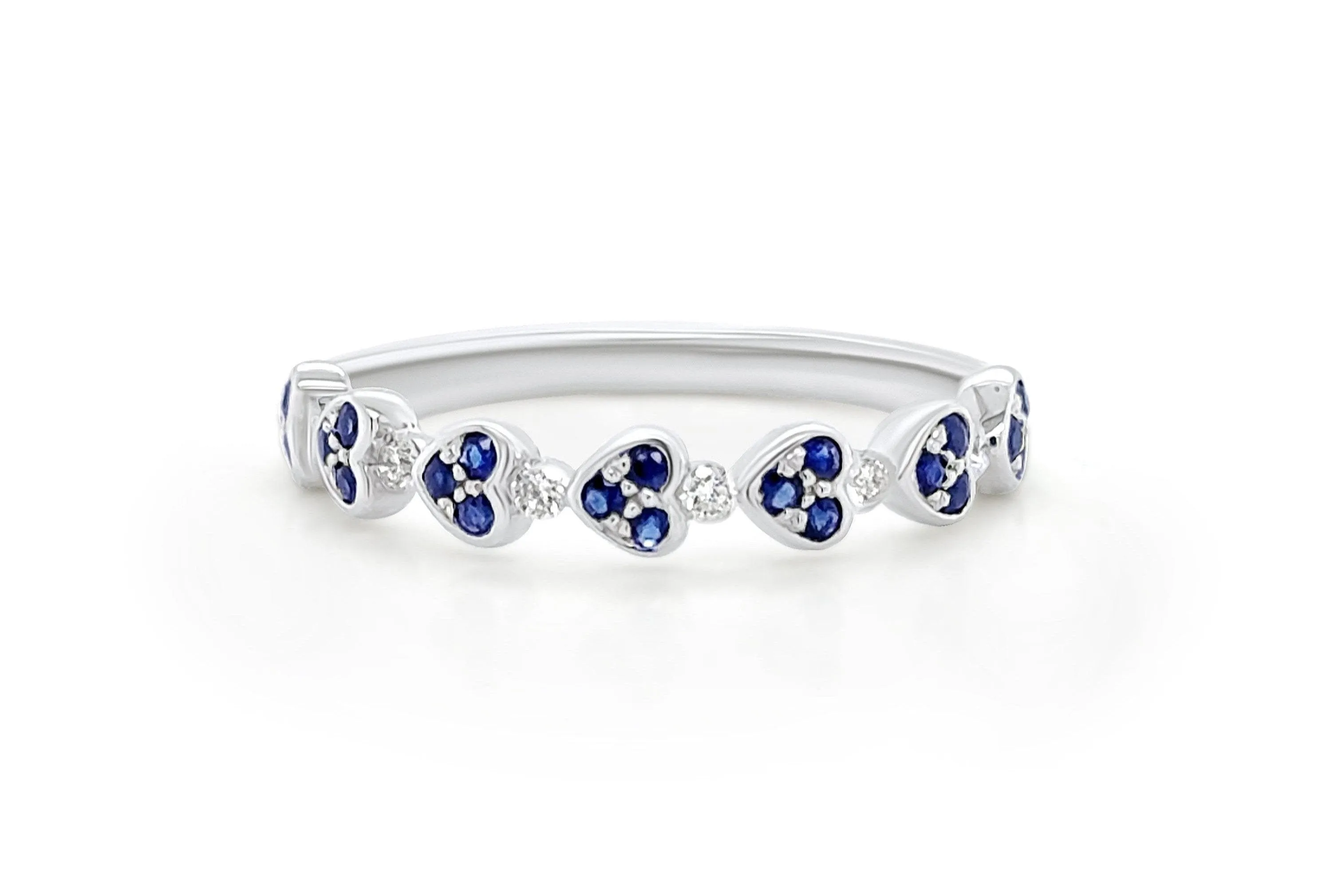 Ring 18kt White Gold 7 Hearts Diamonds and Sapphires