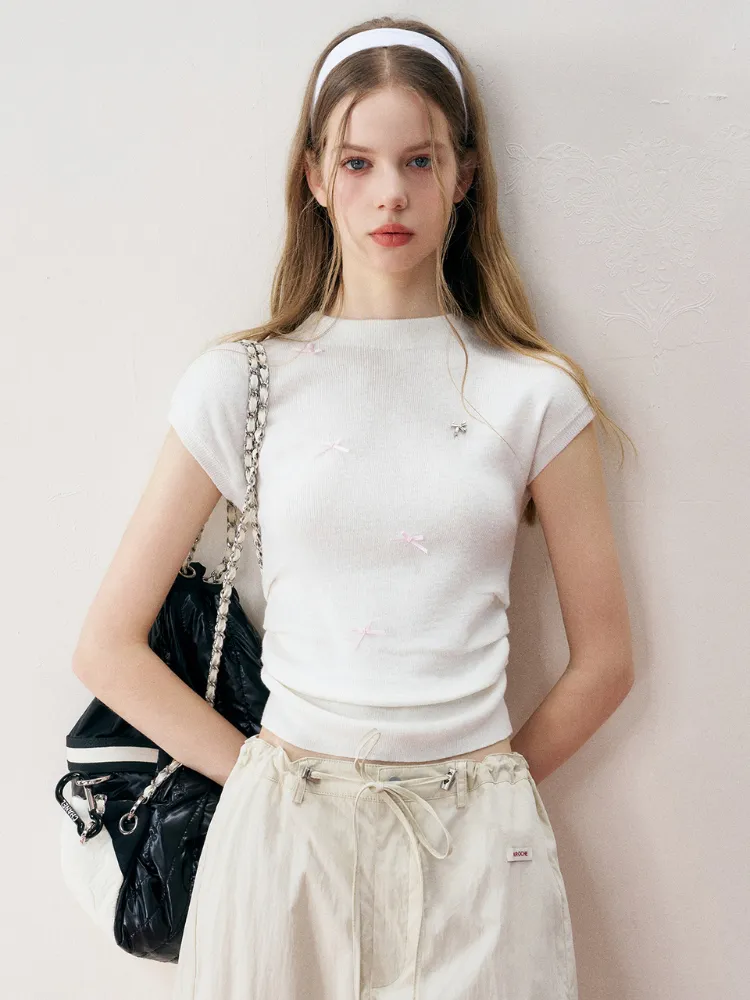 Romantic Bow Shirred Cashmere Wool Knit Top