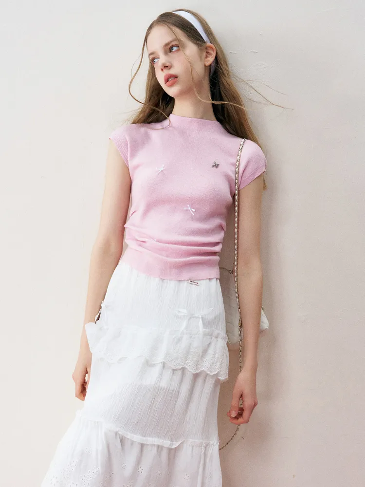 Romantic Bow Shirred Cashmere Wool Knit Top