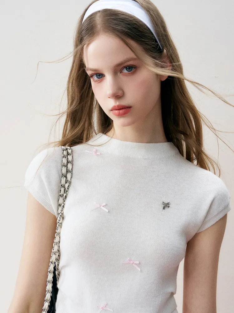 Romantic Bow Shirred Cashmere Wool Knit Top
