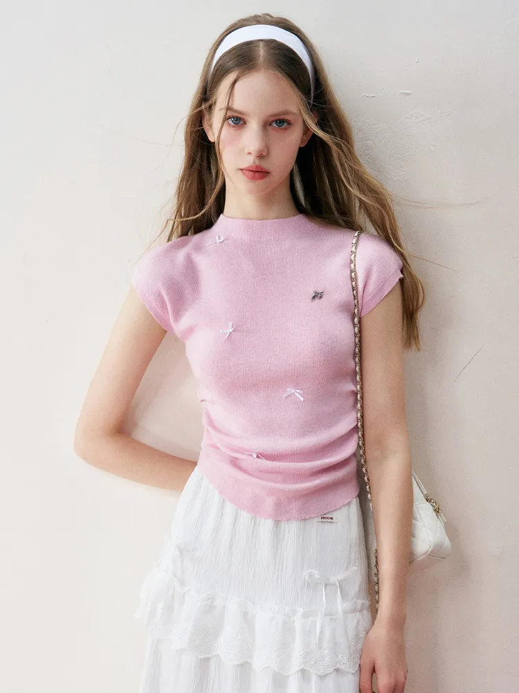 Romantic Bow Shirred Cashmere Wool Knit Top