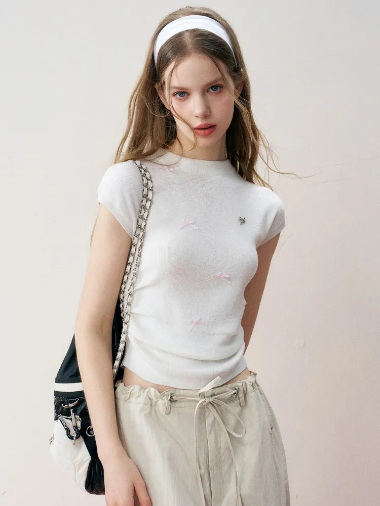 Romantic Bow Shirred Cashmere Wool Knit Top