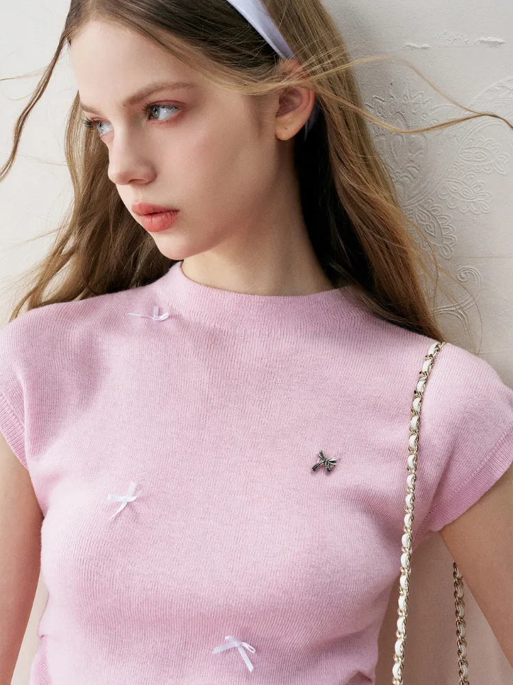 Romantic Bow Shirred Cashmere Wool Knit Top
