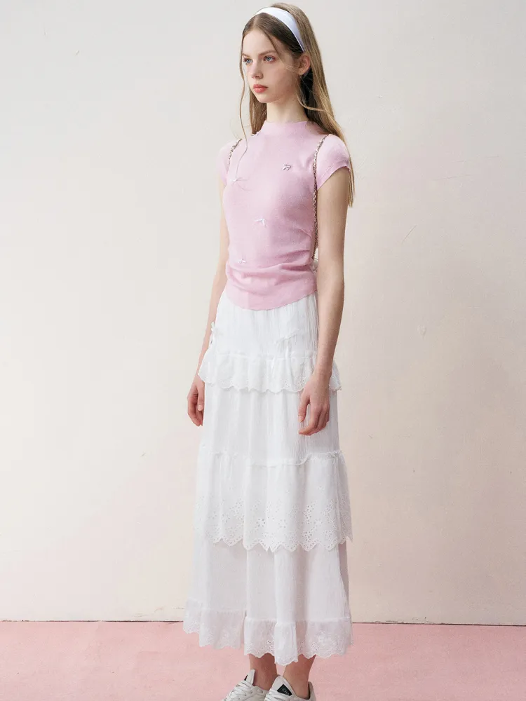 Romantic Bow Shirred Cashmere Wool Knit Top
