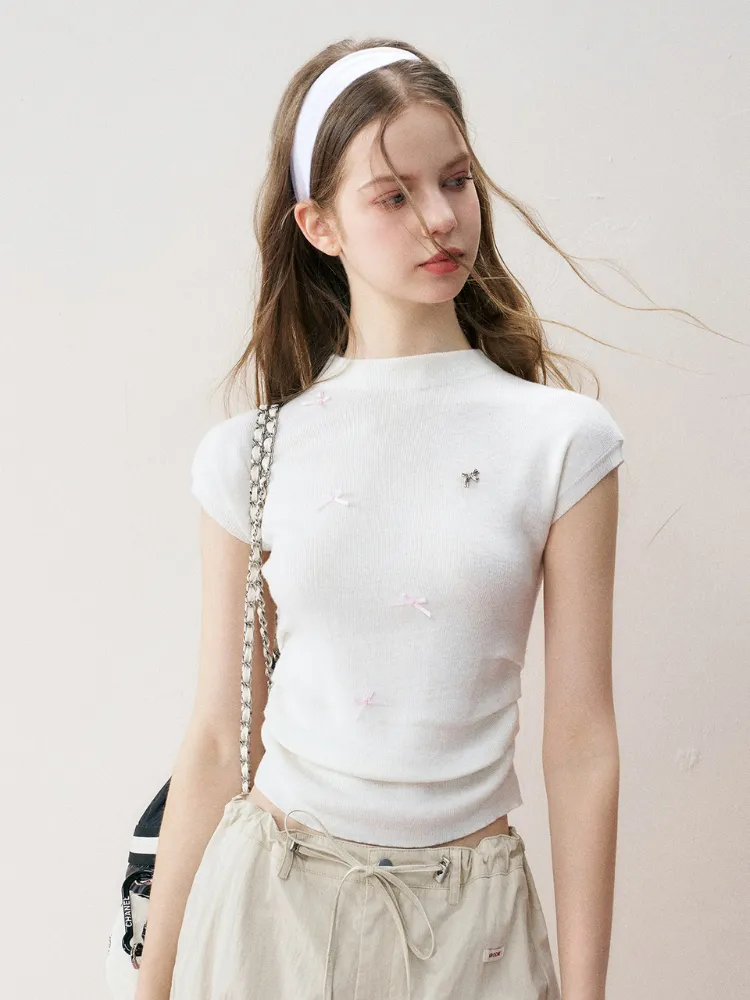 Romantic Bow Shirred Cashmere Wool Knit Top