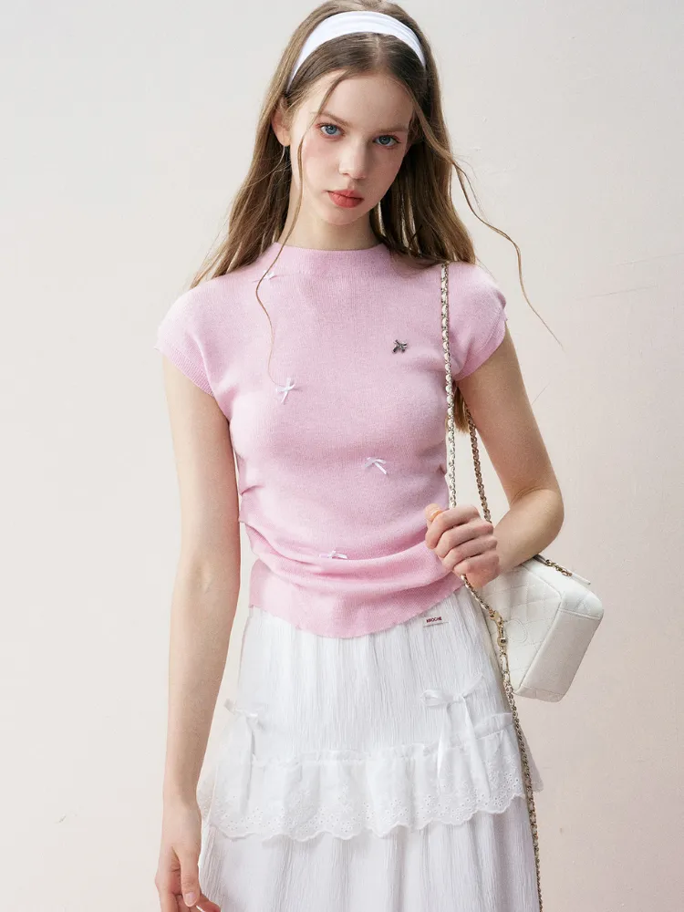 Romantic Bow Shirred Cashmere Wool Knit Top